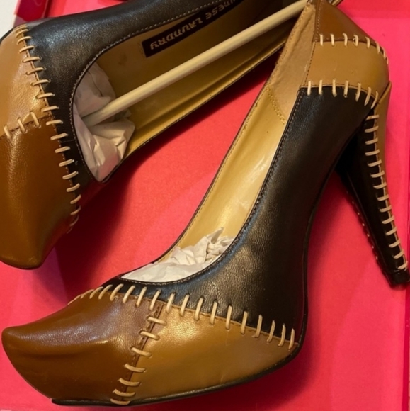 👣CHINESE LAUNDRY🇺🇲 Leather comfort Fit Brown Patchwork Heels footwear in - Picture 3 of 15